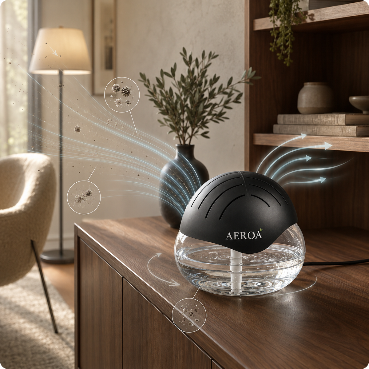 Diagram showing air entering AEROA, circulating through water and returning to the room